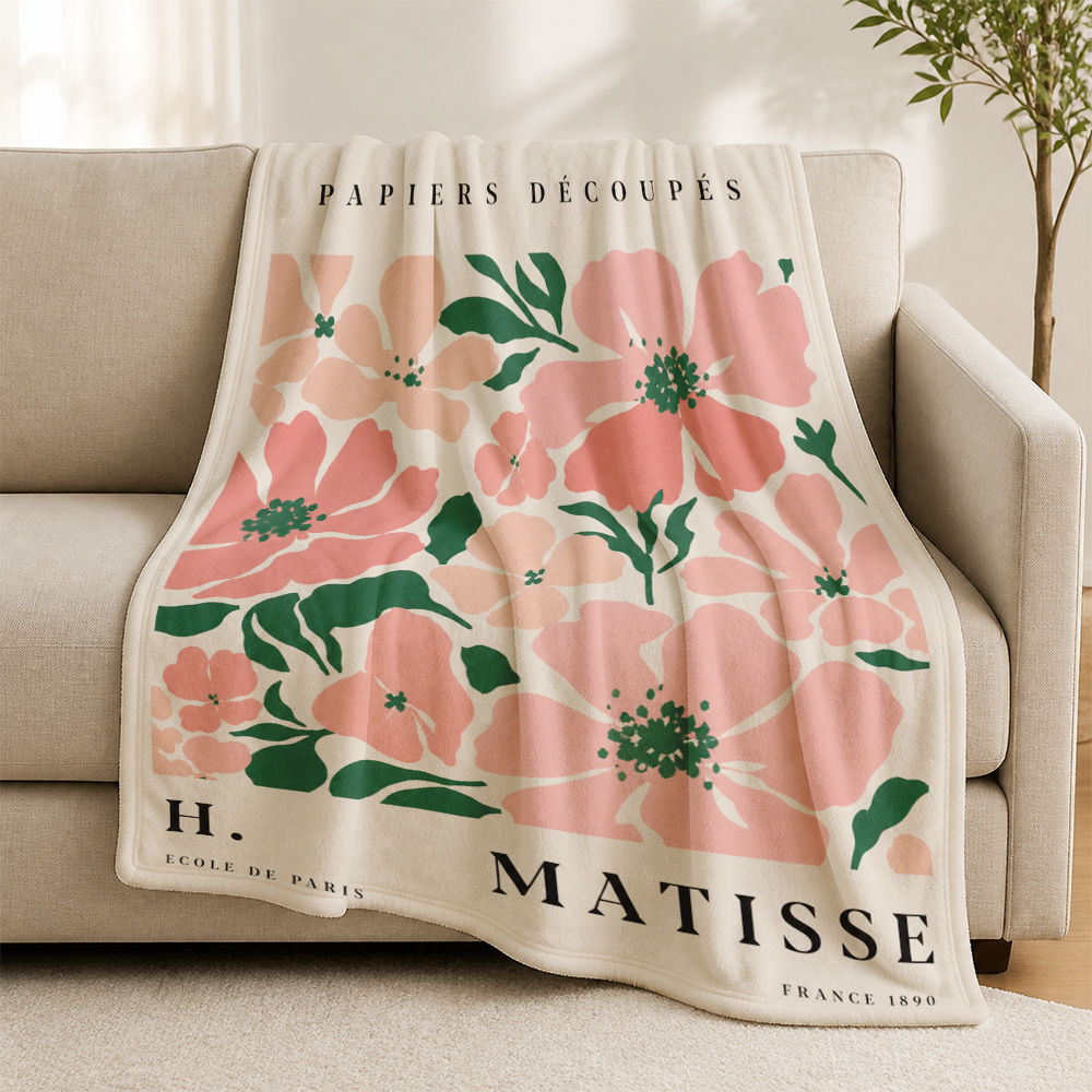 Travel Accessories Gift Ideas - ボヘミアン調のマティス風パリの花柄プリントブランケット。暖かく、ソファの装飾やインテリアとして最適。フレンチスタイルで、お部屋のアクセントとして、また贈り物としてもおすすめです。