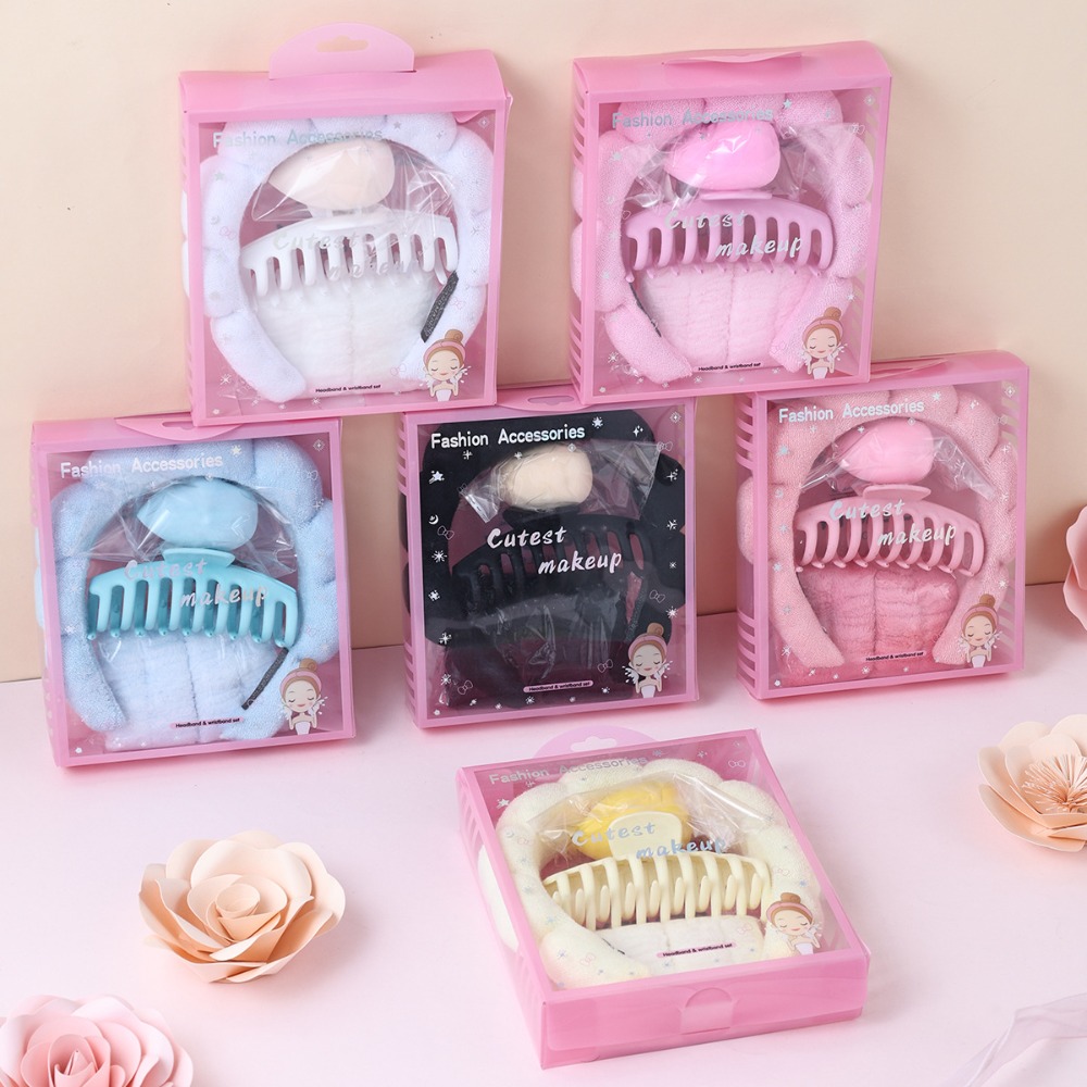 Travel Accessories Box - 5個入りボックスヘッドバンドリストバンド、女の子用フラワーヘアクリップ、繊細なヘアアクセサリーセット付きトイレタリーセット、入浴、洗顔用
