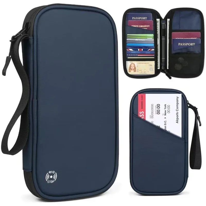 Travel Ziplock Bags - 軽量ファミリートラベルパスポートカバーウォレットジッパー付きオックスフォードドキュメントオーガナイザーバッグ、取り外し可能なリストストラップ付き、女性、男性用