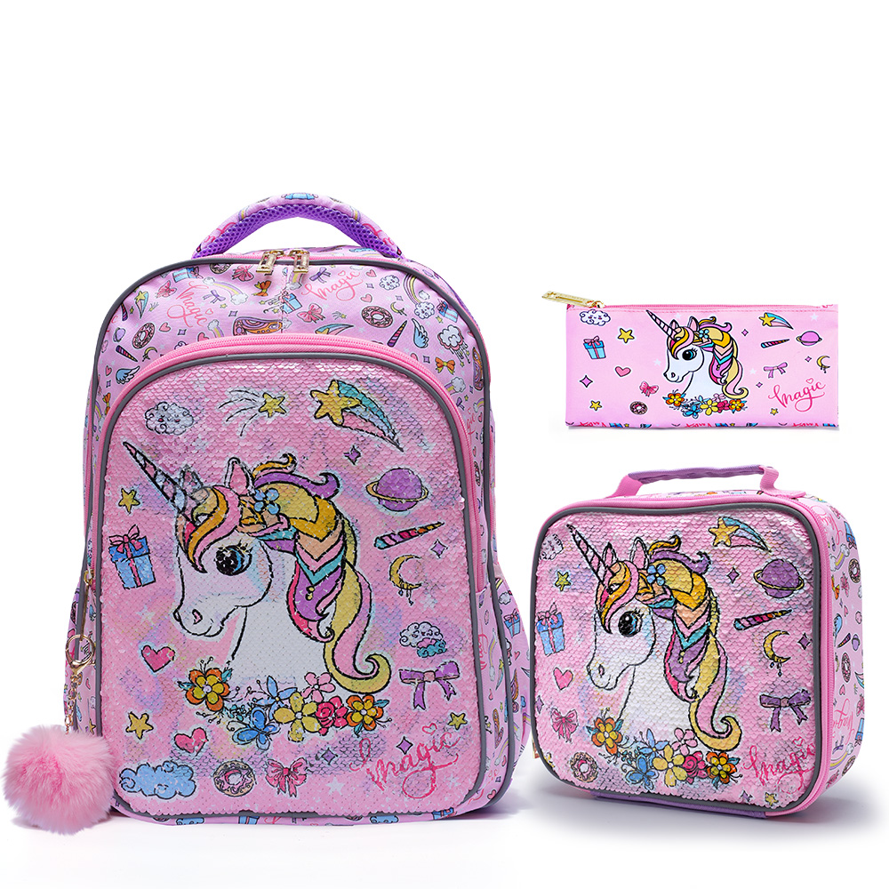 Travel Accessories Toddler - 3点セット キッズトラベルバッグ、ラゲージバッグ、ブックバッグ、ランチボックスとペンケース付き、かわいいピンクのユニコーンスパンコール、夜間反射機能付き