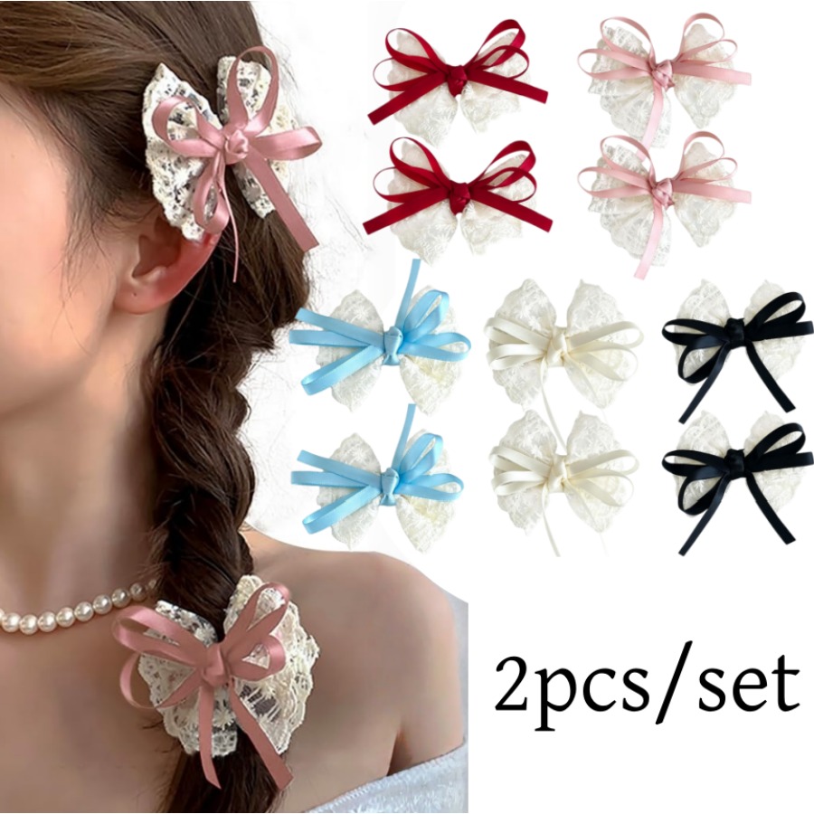2 ピース/セットかわいいレースの弓ヘアクリップ甘い刺繍リボ - Travel Accessories Kids のレビューと価格